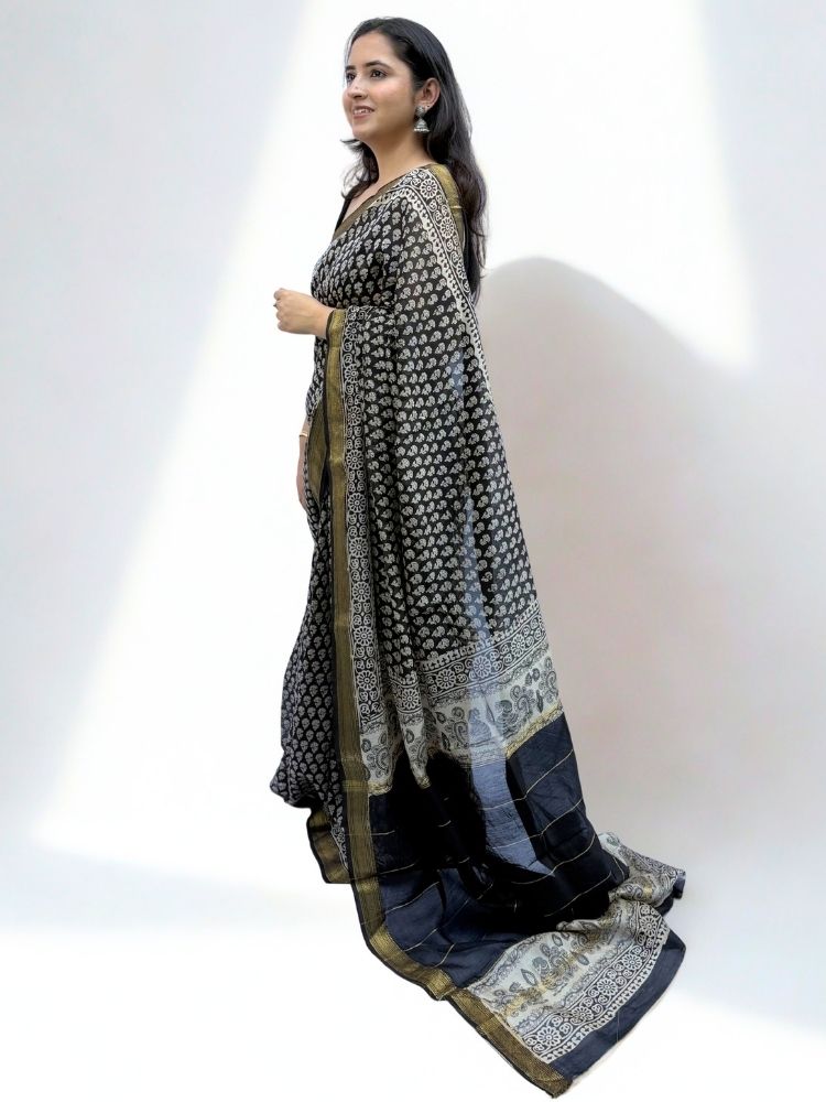 Midnight Charm – Black Maheshwari Silk Cotton Saree with Bagru Print